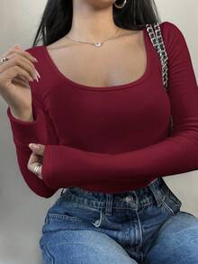 SHEIN BASICS 女士休闲纯色针织圆领长袖修身T恤，升级保暖面料，保暖内衬轻薄不臃肿，秋冬季修身弹力打底衫，红色上衣 - 酒紅色 - 查看 3
