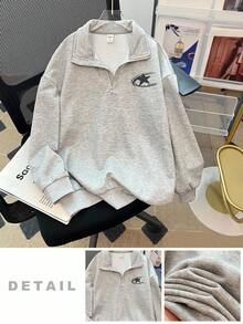 SHEIN 青少年女孩休闲基本款半拉链高领混色灰色运动衫秋冬女童服装 - 淺灰色 - 查看 6