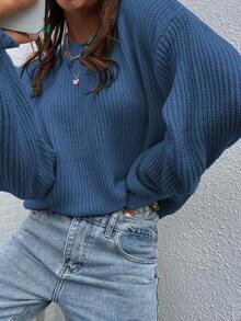 EMERY ROSE Solid Color Crew Neck Casual Versatile Long Sleeve Pullover Sweater - Navy Blue - View 7