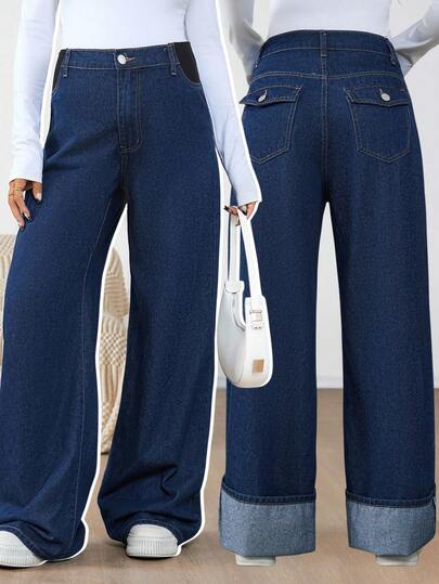 SHEIN 孕妇蓝色纯色直筒休闲牛仔裤，百搭，适合夏季、圣诞节、万圣节、时尚通勤、秋冬季休闲穿着，简约百搭，适合秋冬季节、度假、派对、约会、聚会等场合，休闲百搭。