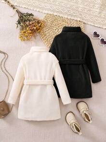 SHEIN 2 件套女婴针织长袖高领宽松连衣裙，适合外出和聚会，秋冬季 - 黑色 - 查看 2