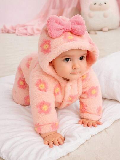SHEIN Newborn Baby Girl Floral Print Fleece Hooded Long Sleeve Jumpsuit, Cute & Sweet Style, Suitable For Outings, Casual Wear, Photo Shoots, And Theme Parties, Autumn/Winter Newborn Baby Girl Clothes Baby Girl Winter Clothes Infant Girl Hooded Jumpsuit Baby Girl Fleece Jumpsuit Fall
