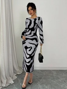 Elenzga 女式秋季图案喇叭袖修身优雅针织连衣裙 - 灰色 - 查看 4