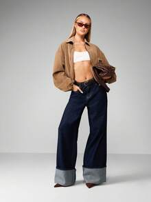 MISSGUIDED Oversized Cropped Bomber Suede Jacket Autumn Winter Fashion Casual Zip Up Outerwear Retro Brown Street Style Everyday Wear With Collar