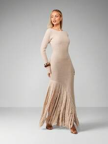MISSGUIDED 长袖罗纹针织连衣裙，冬季及地长款，流苏下摆细节，优雅晚宴派对假日正式礼服，毛衣连衣裙，秋季时尚 - 杏色 - 查看 1