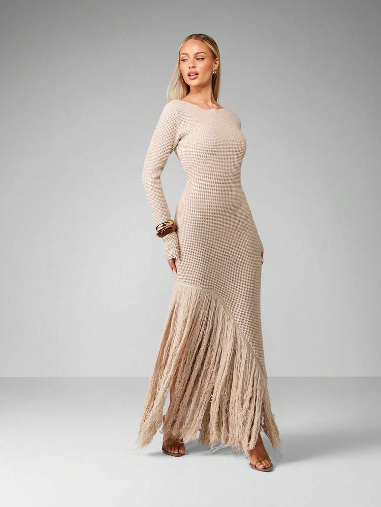 MISSGUIDED Long Sleeve Ribbed Knit Dress Winter Maxi Length Fringe Hem Detail Elegant Evening Party Holiday Formal Dress Sweater Dress Fall Fashion