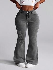 Slaydiva Plus Size Women Embroidered Flare Jeans With Pockets/Winter