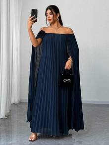 Elenzga Robe élégante à manches cape épaules dénudées avec plissé floral 3D pour femmes grande taille - Bleu marine - Voir 3