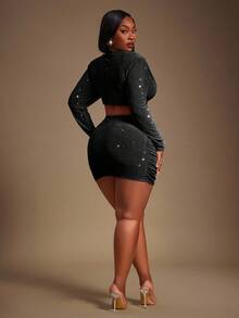 Radiana 大码女式秋冬、春夏优雅华丽性感闪亮上衣，深 V 领，垫肩，褶皱裙两件套，适合舞会、舞会、巡航装、情人节、音乐节、音乐会 - 黑色 - 查看 6