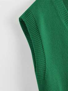 Franclia 女式纯色V领休闲针织背心，秋冬 - 綠色 - 查看 3