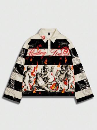 Street Life Men's Street Graphic Print Striped Polo Collar Long Sleeve T-Shirt, Autumn/Winter