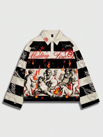 Street Life Men's Street Graphic Print Striped Polo Collar Long Sleeve T-Shirt, Autumn/Winter