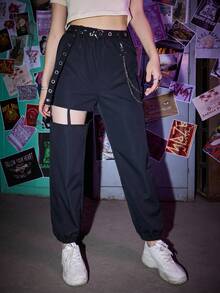 ROMWE Grunge Punk Solid Belted Chain Cut-out Pants - Black - View 5