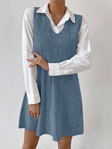 SHEIN LUNE 秋冬纯色无袖针织休闲连衣裙 - 霧霾藍 - 查看 4