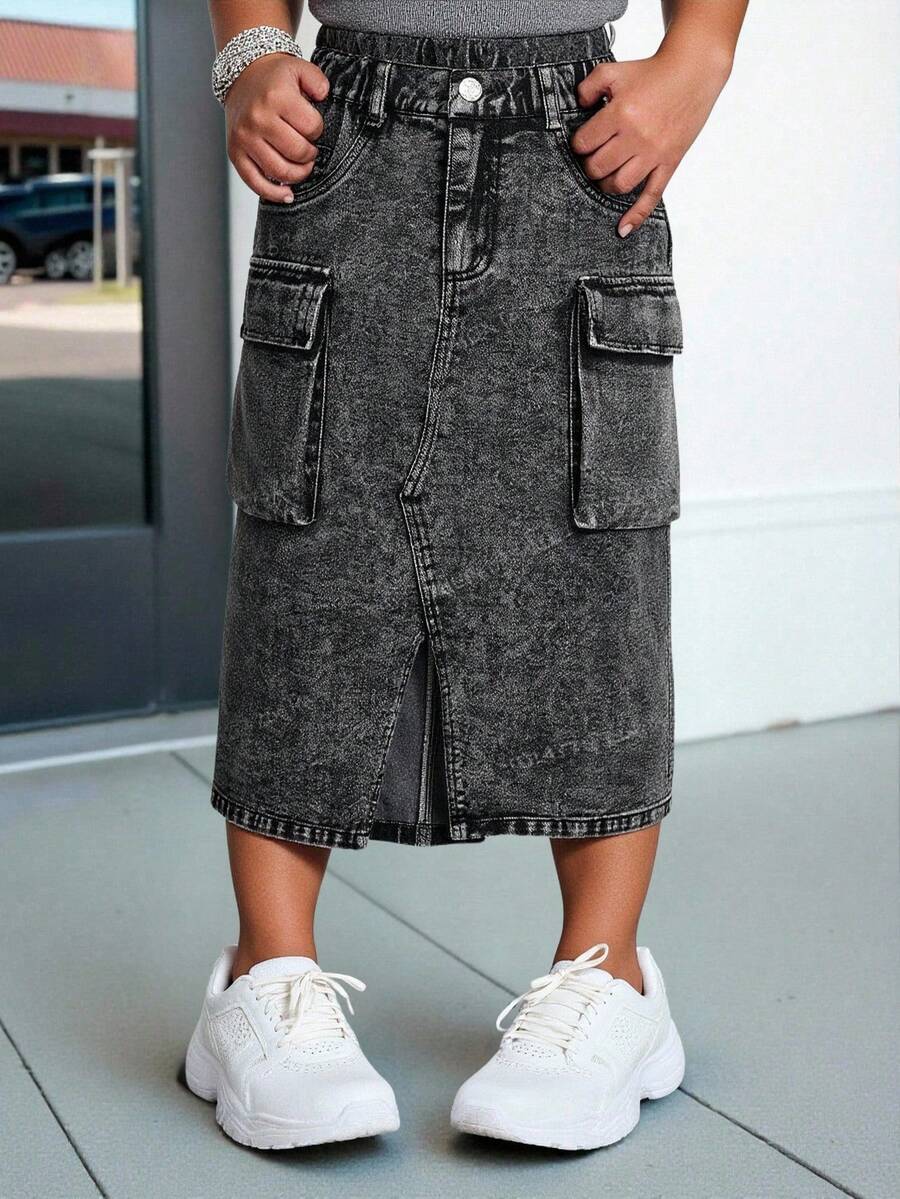 Nuova gonna cargo nera casual e comoda per ragazze pre-adolescenti, in tessuto morbido e lavato, non elasticizzata, con spacchi e tasche funzionali, sottile e traspirante, nuova collezione primavera/estate 2025, adatta per uso quotidiano - nero - Visualizzare 1