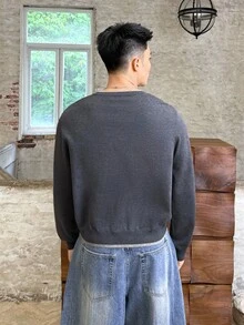 ESTAVOR Men's Embroidered Design Single-Breasted Casual Knit Cardigan, Autumn, For Fall Winter - Black - View 3