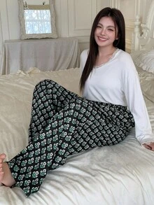 Dazy Plus Celana Tidur Ukuran Besar Motif Bunga Seluruh Permukaan dengan Lapisan Termal, Gaya Nenek, Musim Dingin - Dark Green - View 6