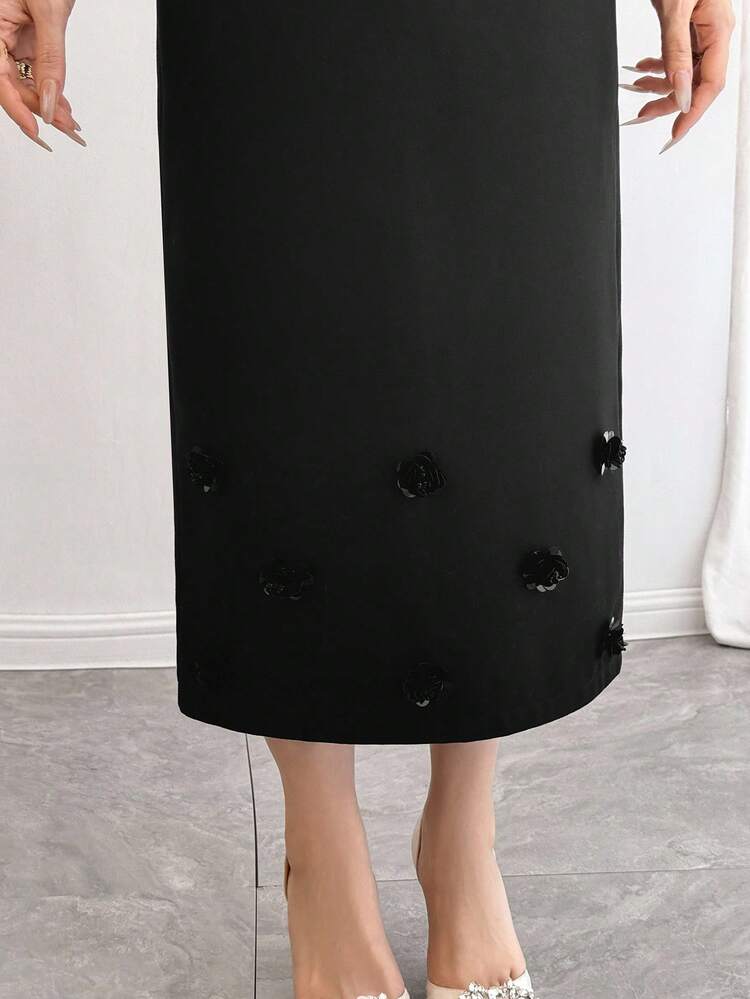 Women Elegant Sequin 3D Floral Decor Casual Business Office Commute Black Pencil Skirt, Suitable For Wedding, Party, Banquet, Autumn/Winter