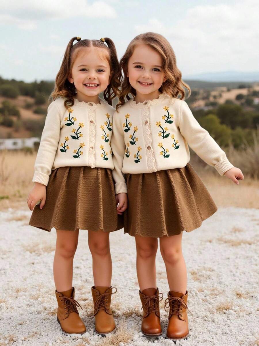 Emery Rose Kids Emery Rose Kids Young Girls 2pcs Set: Embroidered Sweater Cardigan & Contrast Color Skirt, Suitable For Picnic, Home, Casual Daily, Back To School, Warm & Comfortable, Suitable For Autumn/Winter, Long Sleeve Cardigan, Contrast Skirt, Embroidered Sweater Toddler Girl Clothes Set Baby Girl Flower Outfit Set Toddler Girl Floral Outfit 2pcs Set Toddler Girls Girls Knit Set 2pcs Set Toddler Girls Cute Vintage Style Toddler Girl Sweater Set Toddler Girl Spring Outfit Baby Girl Floral Outfit Set 2 Piece Knit Set Todd Fall