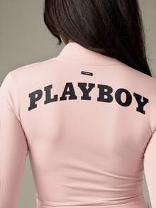 Missguided x Playboy Zip Up Athletic Jacket With Contrast Trim Drawstring Fitted Activewear Exercise Running Fitness Outerwear - Baby Pink - View 4