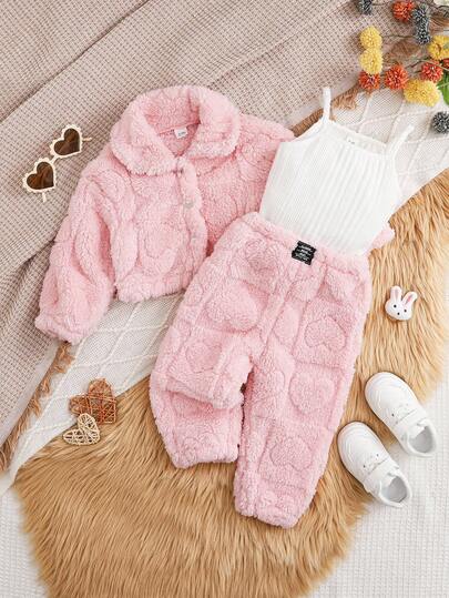 SHEIN Playful Pals 女婴纯色纽扣前长袖夹克和贴花长裤冬季套装