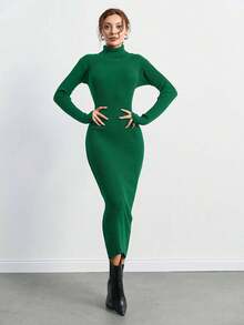 SHEIN Tall Vestido de suéter ajustado de punto acanalado con cuello alto,Vestidos de invierno para mujeres,Mujeres pequeñas,Mujeres altas - Verde - Ver 5