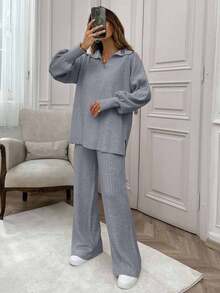 SHEIN Cottnline Rib Pattern Polo Neck Sweater And Pant 2pcs Set - Grey - View 4