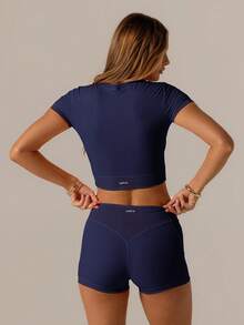 Aralina Bộ đồ thể thao Leisurewear với màu sắc tương phản dễ thương cho mùa hè và quần short đạp xe, hoàn hảo cho trang phục đi nghỉ hè hoặc trang phục sân bay dành cho nữ - Màu xanh hải quân - Xem 2
