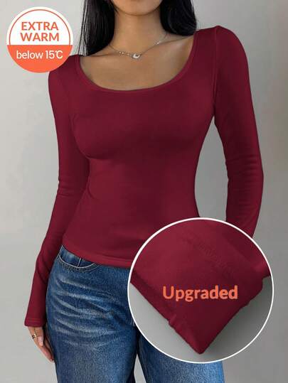 SHEIN BASICS Women's Casual Solid Color Knit Scoop Neck Long Sleeve Slim Fit T-Shirt, Upgraded Thermal Fabric, Thermal Lined Without Bulkiness, Slim Fitted Stretch Undershirt Tee Top For Fall And Winter,Red Top
