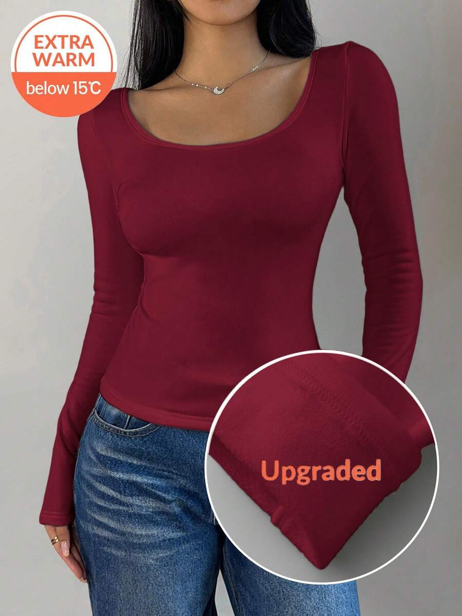 SHEIN BASICS 女士休闲纯色针织圆领长袖修身T恤，升级保暖面料，保暖内衬轻薄不臃肿，秋冬季修身弹力打底衫，红色上衣 - 酒紅色 - 查看 1