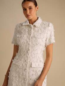Enchnt Off-White Elegant Women's Single-Breasted Tweed Short Dress,Autumn Fringe Short Sleeve Fashionable Outfits,Chic For Date&Tea Party&Commuting - Beige - View 2