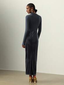 Vesra Vestido de mujer de otoño/invierno nuevo de punto ajustado con cuello alto de terciopelo, plisado y decoración floral