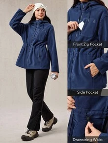 OutZeal Women Thermal Fleece Drawstring Waist Hip Length Outdoor Fleece Jacket Winter Fall Hiking Camping - Navy Blue - View 4