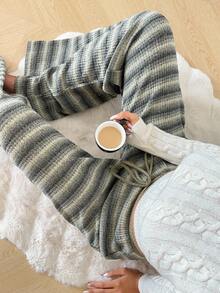 Aloruh Women's Vintage Striped Knit Low Waist Wide Leg Pants, Autumn/Winter