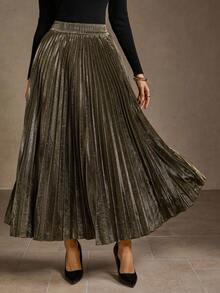 MOTF PREMIUM 女式复古金属褶饰弹力高腰A字裙 - 金色 - 查看 4