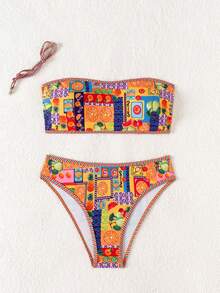 Swim Vcay 2026春夏女士水果印花抹胸露背系带比基尼套装，高衩泳衣，度假风 - 彩色 - 查看 8