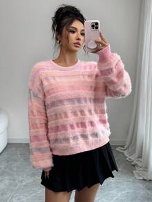 SHEIN Elenzya Suéter casual de mujer con rayas y piel sintética, otoño/invierno - Rosa - Ver 3