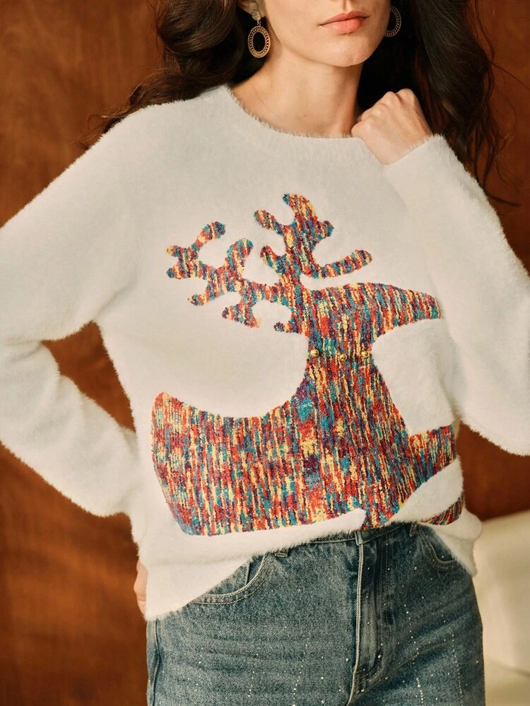 Women's Loose Soft Comfortable Christmas Reindeer Sweater, Suitable For Christmas, New Year, Elegant, Luxury, Chic, Casual, Cozy, Fall/Winter