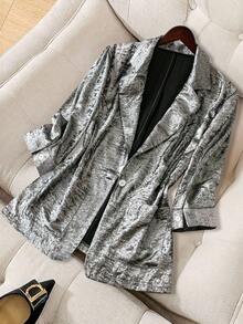 SHEIN LUNE Blazer de ajuste delgado para fiestas casuales de Año Nuevo, graduación, regreso a la escuela, maestras, talla grande para mujeres en invierno, otoño - Plateado - Ver 1