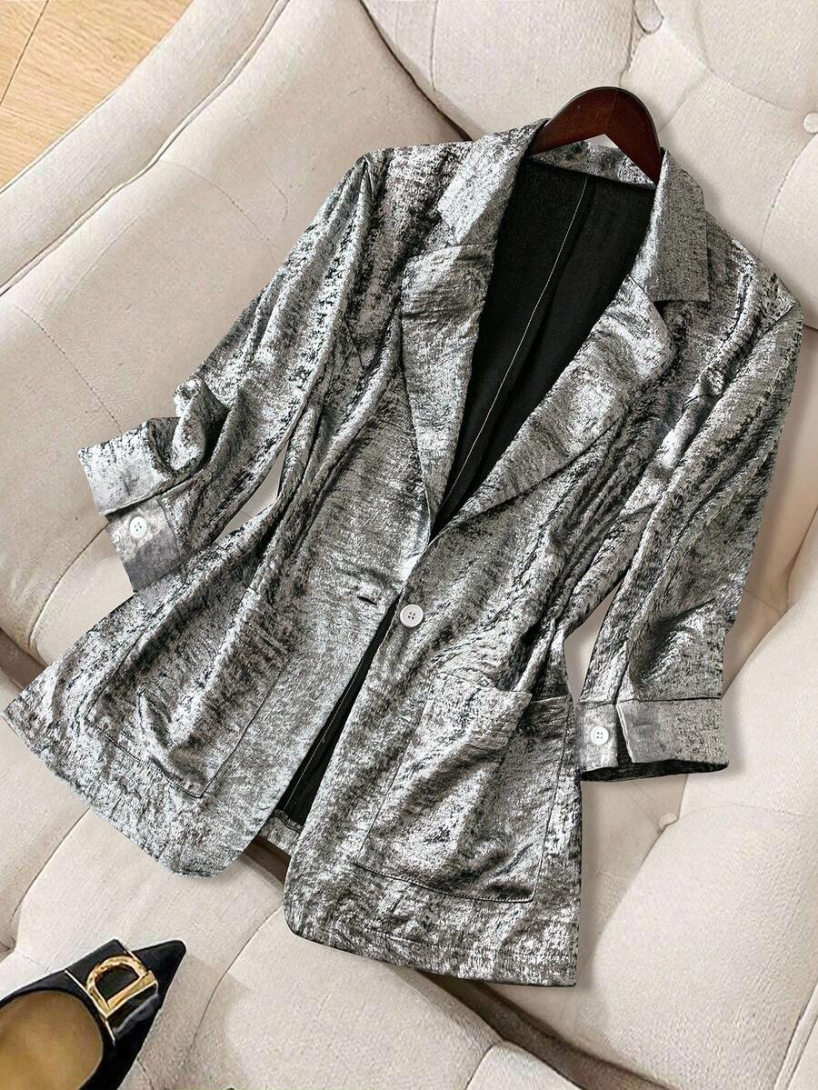 SHEIN LUNE Blazer de ajuste delgado para fiestas casuales de Año Nuevo, graduación, regreso a la escuela, maestras, talla grande para mujeres en invierno, otoño - Plateado - Ver 1