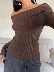 Aloruh 女式棕色露肩蝴蝶结高领毛衣，秋冬 - 棕色 - 查看 9