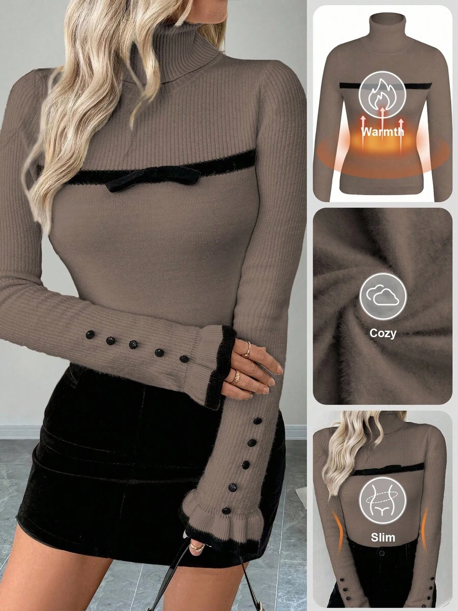 Chiquease Sweater Rajut Lengan Panjang Wanita Model Turtleneck dengan Kancing dan Rumbai, Dilengkapi Pita dan Lapisan Termal yang Pas di Badan - Coffee Brown - View 1