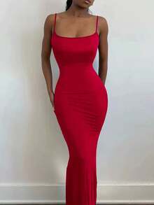 Zyxie Sukienka damska w jednolitym kolorze, dopasowana, z dekoltem syreny, elegancka, na cienkich ramiączkach