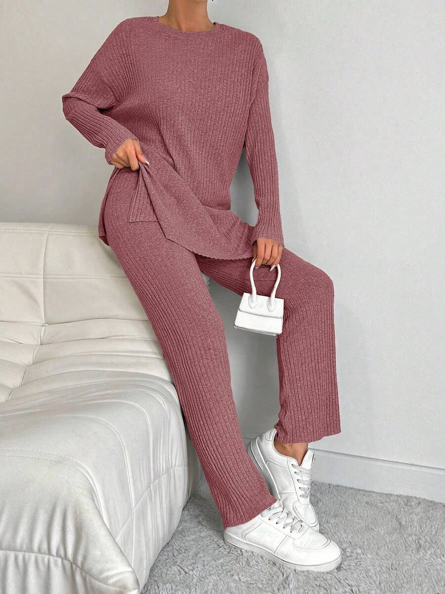 EURMUSE 2pcs Women Casual Side Slit Long Sleeve Top And Pants Set, Autumn - Dusty Pink - View 1