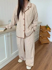 Dazy Plus 2pcs Set Piyama Longgar Kasual Motif Bunga Kecil untuk Wanita Ukuran Plus dengan Atasan Kerah dan Celana, Pakaian Musim Gugur dan Musim Dingin - Kuning - View 7