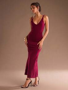 SHEIN Glamour Elegantes rotes rückenfreies Twist-Strickkleid für Herbst/Winter, Unterziehshirt zum Layering - Bordeaux - Übersicht 5