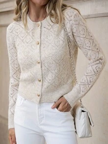 Solivie Autumn Women's French Elegant Knitted Cardigan Sweater Jacket, Classic Versatile Short Perforated Knitwear Cardigan, Autumn/Winter Women Knit Cardigan Button Up Cardigan Knitted Cardigan For Women Winter Clothes For Women Apricot Sweater Contains Wool