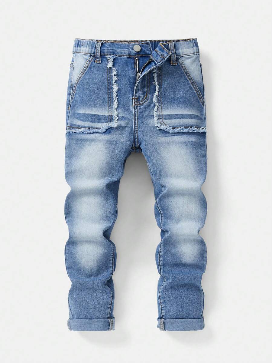 Tween Boys Vintage Distressed Denim Jeans, Streetwear Fashion, Casual School Style! Retro Washed Blue Comfortable Denim Effect, Showcases Personalized, Elastic Waistband + Zipper Fly Design For Easy Wear, Flattering Leg Silhouette, Elongating Proportions. Suitable For Daily Outings, Campus Casual, Back To School Season, Travel & Vacation, Photo Shoots, And More - Become The Coolest Kid On The Street!