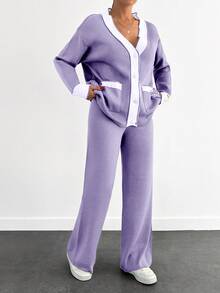 EURMUSE 女款兩件套配色針織開襟衫（捲邊設計、落肩款）搭配鈕扣門襟長褲，適合嬌小女性 - 紫丁香色 - 查看 6