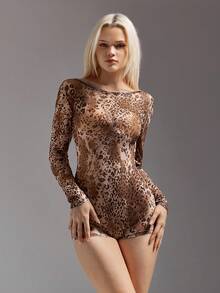 SHEIN ICON Bộ đồ liền thân dài tay hở lưng họa tiết da báo gợi cảm dành cho nữ - Nhiều màu - Xem 2